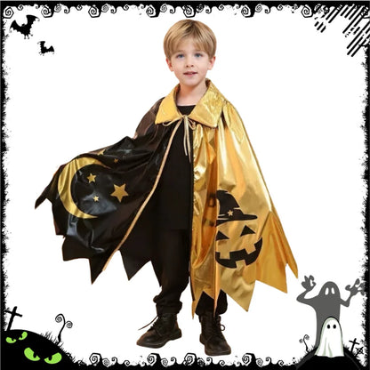 Halloween Witch Cosplay Costume for Kids Gold Black Color Block Cape with Hat Pumpkin Moon Print Cloak Outfit Party Dress Up Good Vibrations