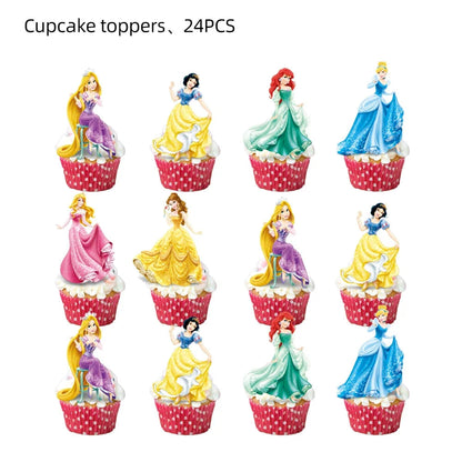 Princess Cake Toppers for Girls Birthday Cake Decoration Cinderella Mermaid Rapunzel Cake Toppers Pink Glitter Cake Flag Good Vibrations