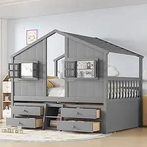 Floor House Bunk Bed with Roof and Window,Built-in Storage Box,Wooden Guardrails with Door/Ladder,Low Bunker Bed Twin Over Twin Good Vibrations