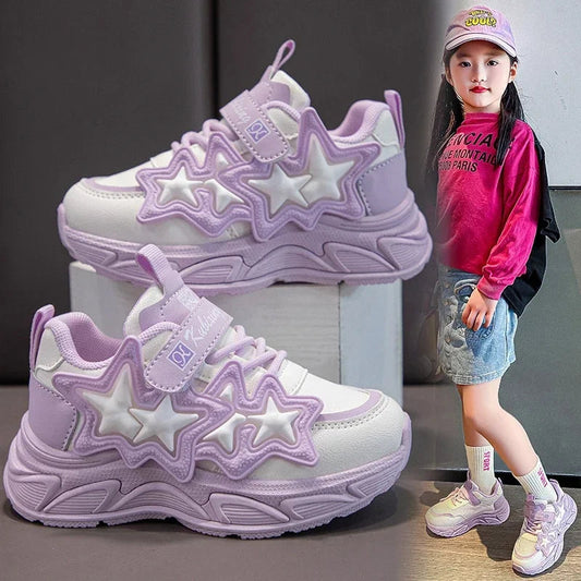 Children Casual Shoes for Girls Fashion Classic with Stars Girls Sports Running Sneakers Breathable PU + Rubber Anti-skid Soft Good Vibrations