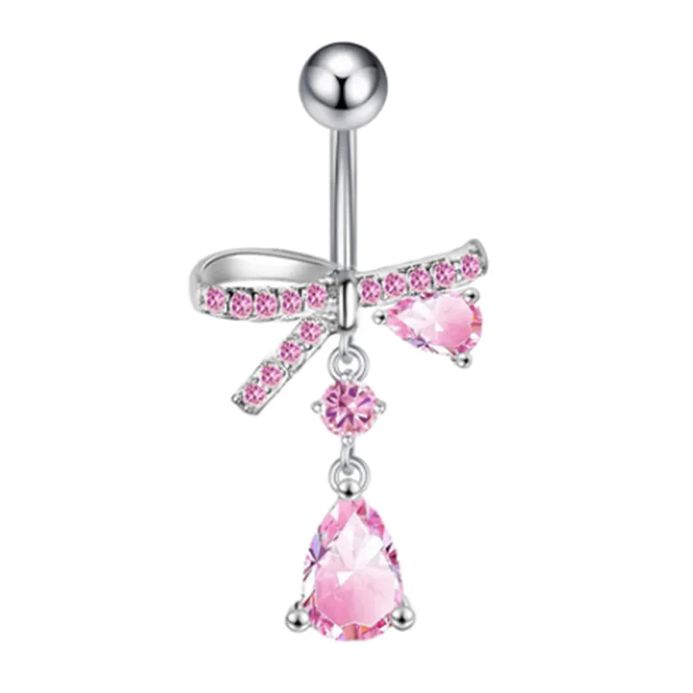 Fashion Pink Crystal Crown Belly Button Rings Stainless Steel Long Pendant Butterfly Heart Navel Piercing for Women Jewelry Good Vibrations Adult Super Store