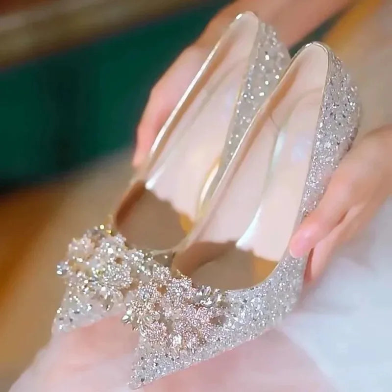 Womens High Heel Shoes Fad Elegant Crystal Pointed Toe Pumps Retro Shallow Mouth Banquet Party Wedding Women Shoes Zapatos Mujer Good Vibrations
