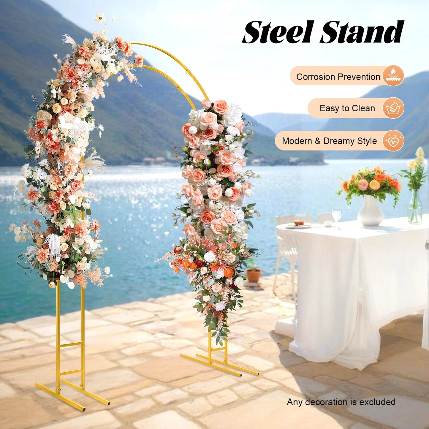 7.2ft Metal Wedding Arch  with Base, Balloon Arch Backdrop Arch Stand for Wedding, Garden, Yard, Indoor Outdoor Party Decoration Good Vibrations