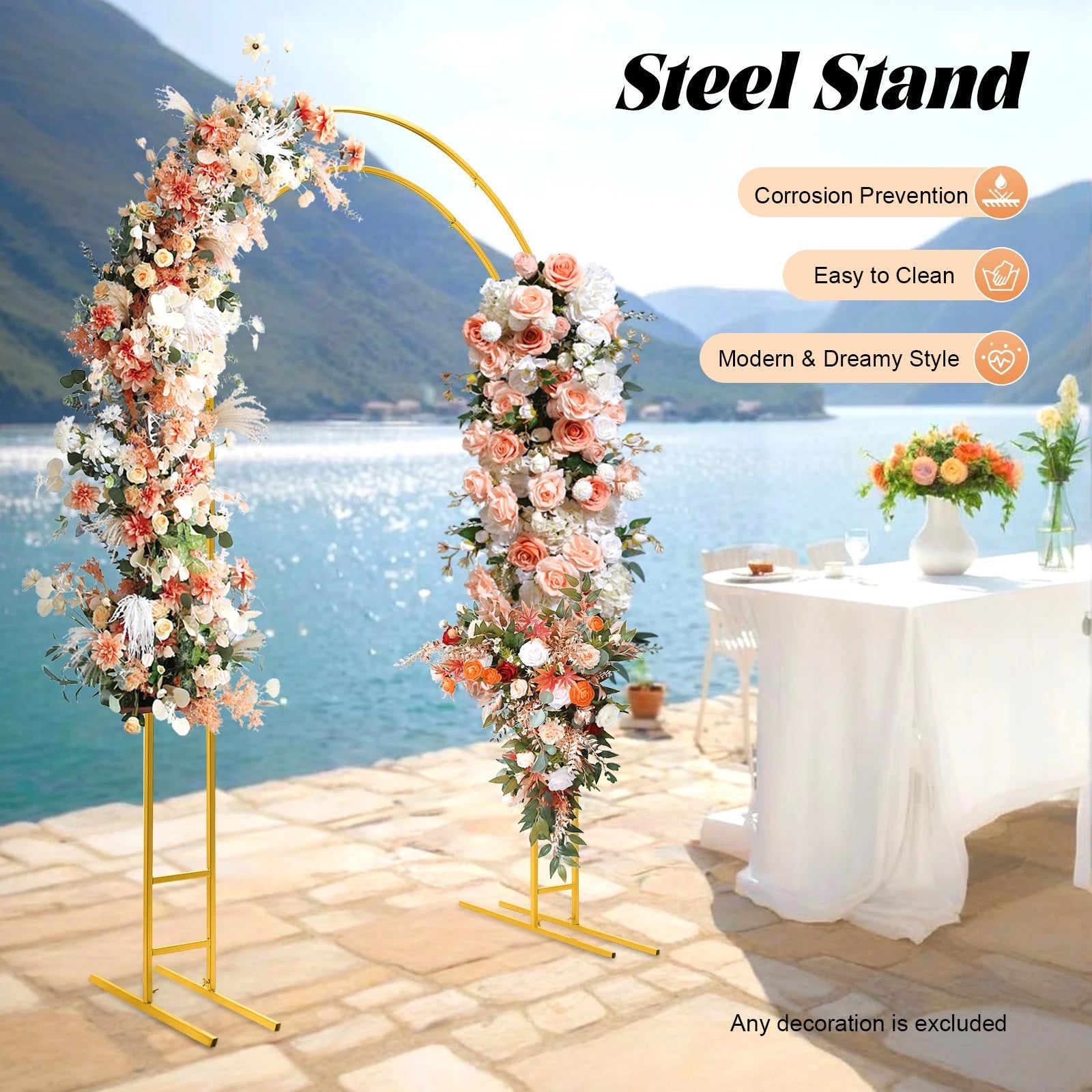 7.2ft Metal Wedding Arch  with Base, Balloon Arch Backdrop Arch Stand for Wedding, Garden, Yard, Indoor Outdoor Party Decoration Good Vibrations