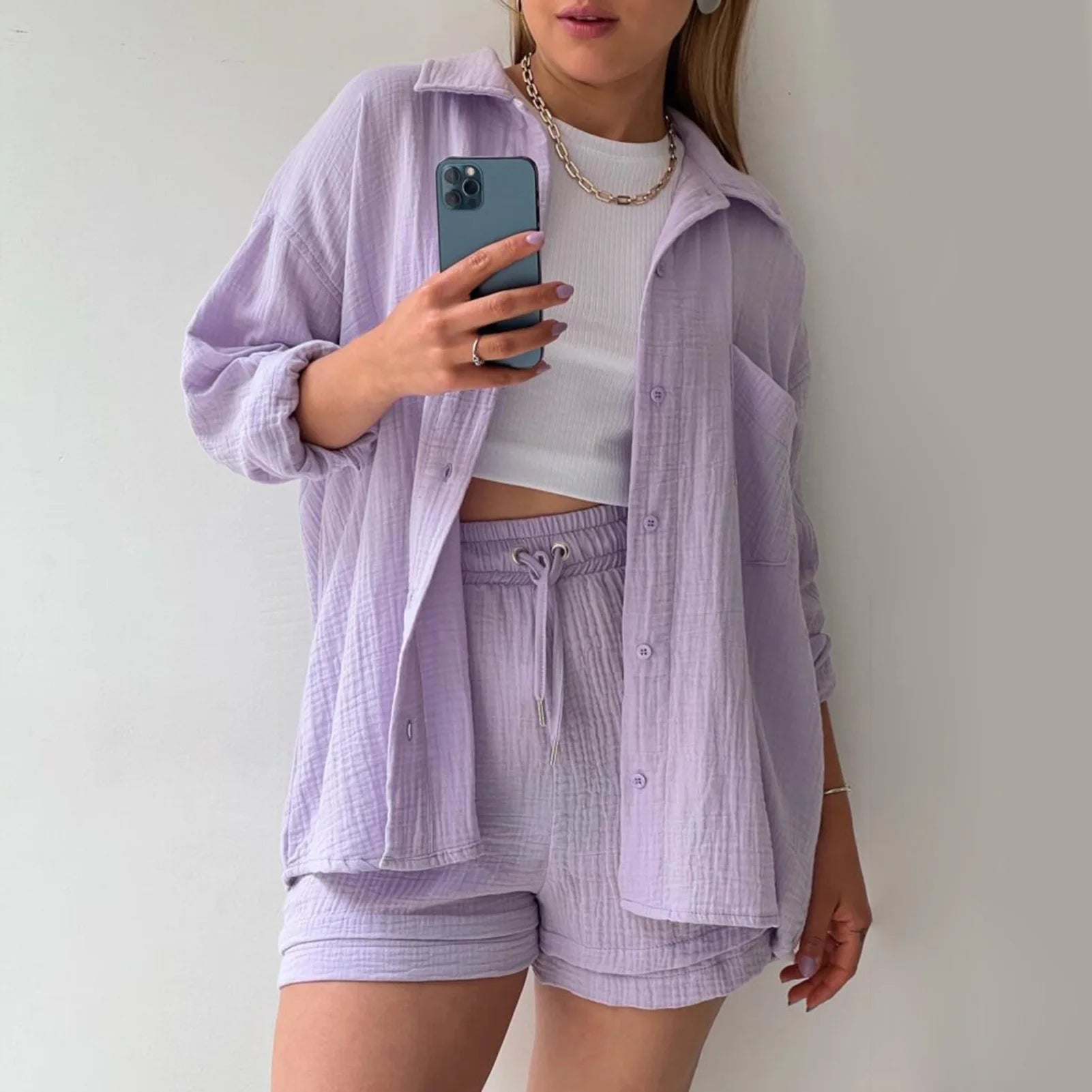Women Summer Outfit Muslin Blouse Coat 2 Piece Clothing Women's Elegant Beach Holiday Women Set Female Coat Loose Suit Good Vibrations