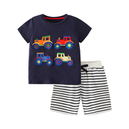 Jumping Meters 2-7T Summer Clothing Sets Truck Embroidery  Boys Girls Cotton Fashion Children's Clothing Sets Hot Selling Suits Good Vibrations