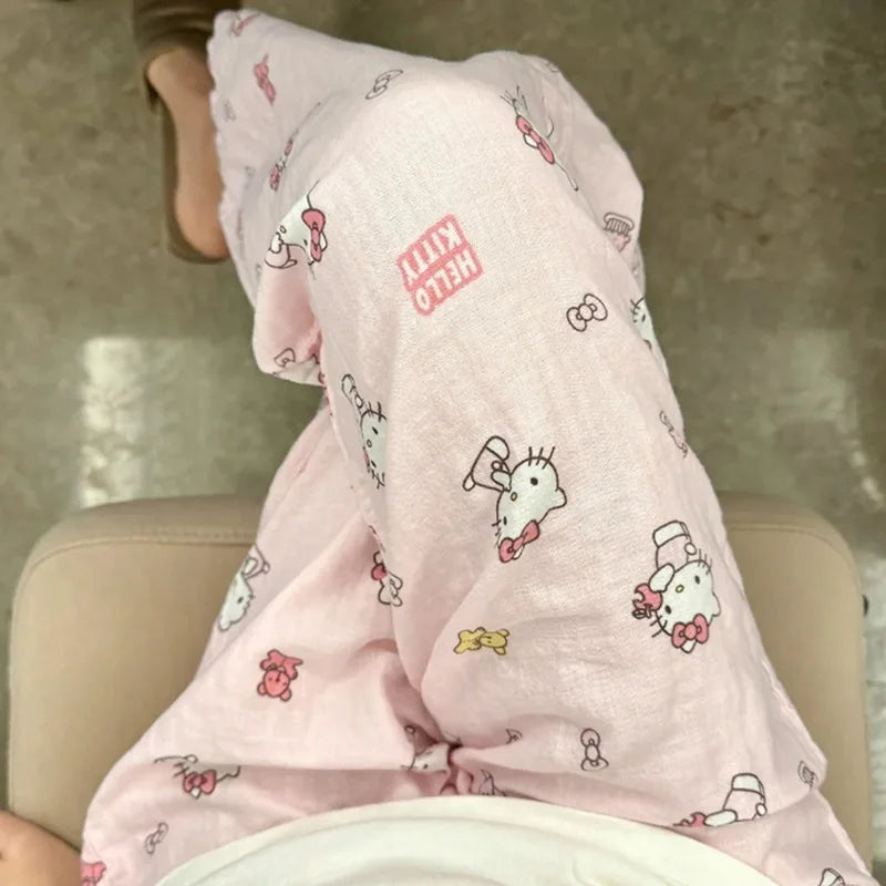 Sanrio Hello Kitty Pure Pajama Pants Wide Kawaii KT Cat Leg Pants Y2K Summer Thin High Waist Casual Trousers Birthday Gifts Good Vibrations