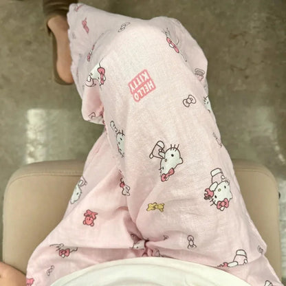 Sanrio Hello Kitty Pure Pajama Pants Wide Kawaii KT Cat Leg Pants Y2K Summer Thin High Waist Casual Trousers Birthday Gifts Good Vibrations