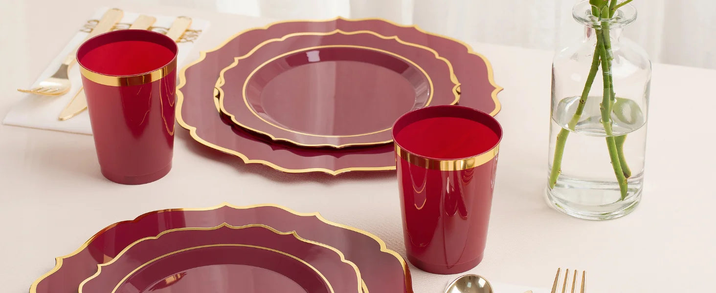Plates Disposable, 50 Plastic Maroon Plates, Red Plastic Dinnerware Set, 25 10oz Cups, 75 Gold Cutlery, 25 Gold Napkins Good Vibrations
