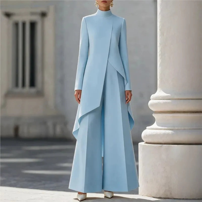 Woman's Autumn Stand Collar Top With Wide Leg Pants Two-piece Set Fashion Solid Irregular Long Top Suit Lady Chic Office Outfit Good Vibrations