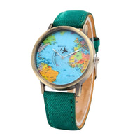 Fashion Global World Map Plane Denim Fabric Band Watch Casual Men Women Wristwatches Quartz Watch Gift Horloges Relógio Good Vibrations