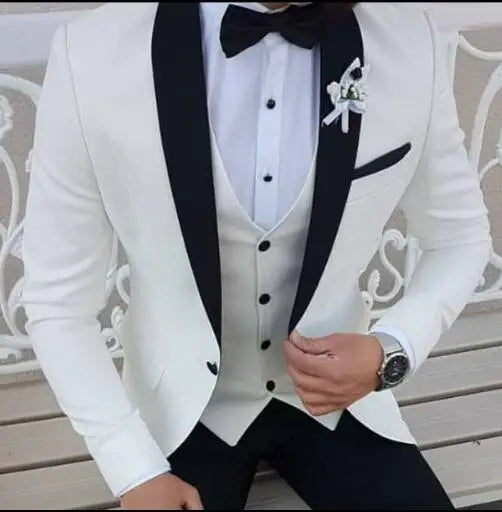 2022 Latest Coat Pant Designs White Men Suits Black Shawl Lapel Formal Tuxedos Wedding Suits For Men Prom Party Dress With Pants Good Vibrations