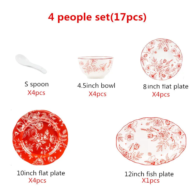 1Set New Luxury Red Rose Ceramic Tableware Household Bowl Spoon Plate Dinner Dinsh Kitchen Cutlery Home Decor Good Vibrations