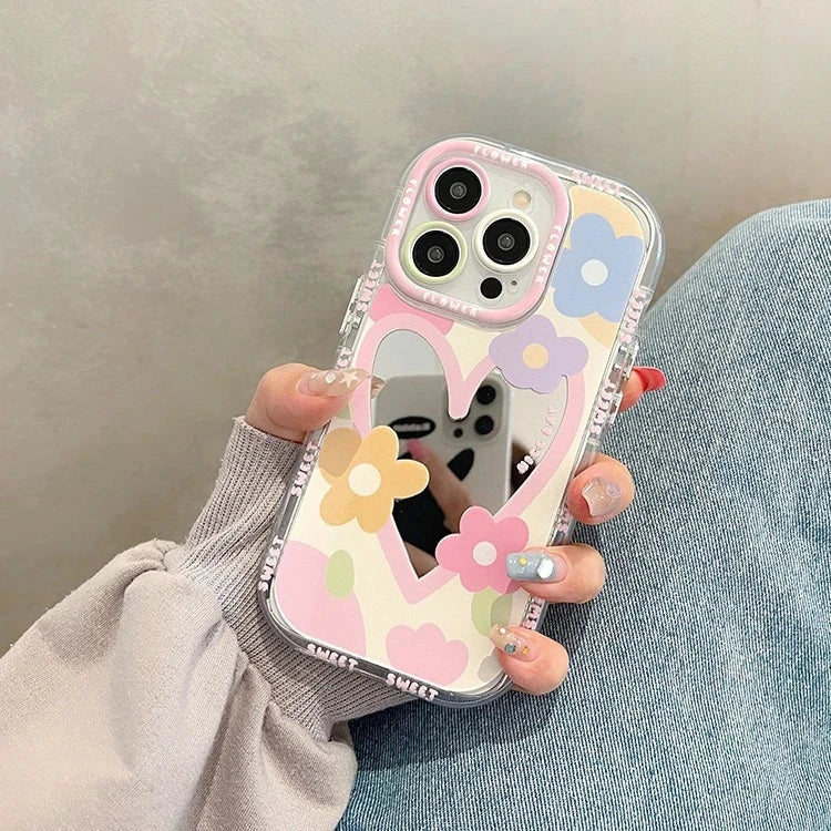 Cute Cartoon Flower Mirror Case for iPhone 15 14 13 Pro Max 12 11 15Pro Love Heart Colorful Make Up Ins Korean Shockproof Cover Good Vibrations