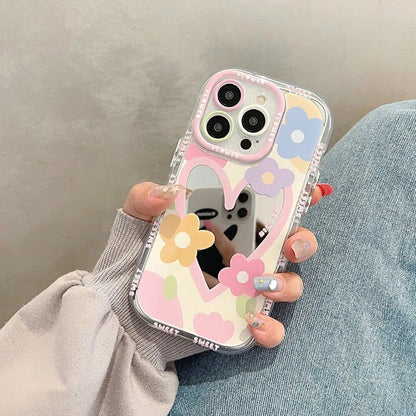 Cute Cartoon Flower Mirror Case for iPhone 15 14 13 Pro Max 12 11 15Pro Love Heart Colorful Make Up Ins Korean Shockproof Cover Good Vibrations