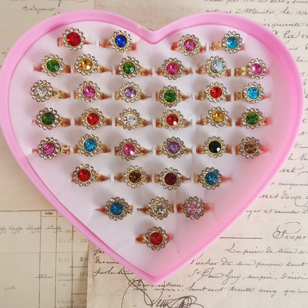 12/36PCS/set Adjustable Kids Crystal Rings Jewelry Heart Star Square Open Finger Ring For Children Girl Party Gift Good Vibrations