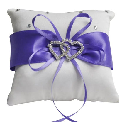 10x10 cm Romantic Bridal Wedding Ring Pillow Double Heart Ribbon Cushion Decor European Romantic Rhinestone Decor For Wedding Good Vibrations