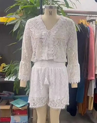 Hollow Embroidery Lace Crochet Set Women 2 Pieces Spring Suit GOOD Vibrations