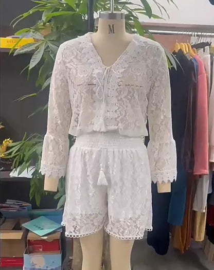Hollow Embroidery Lace Crochet Set Women 2 Pieces Spring Suit
