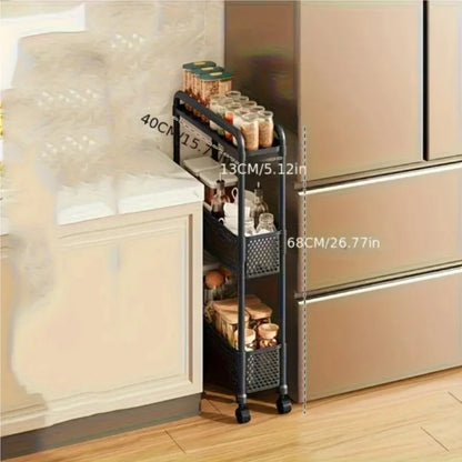 Black mobile storage unit, multi-tier practical shelving, narrow rolling storage rack. Good Vibrations