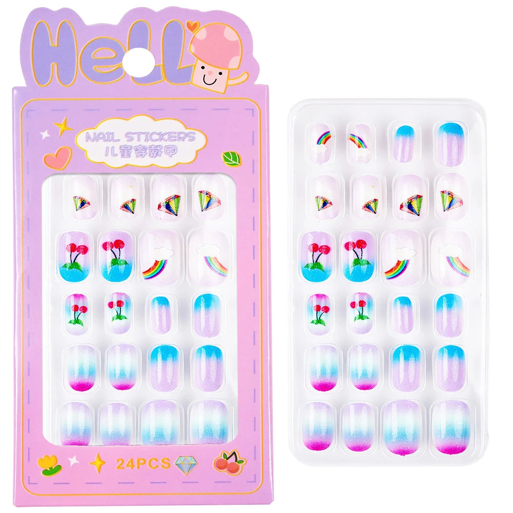 24Pcs/box Kids nails for Girl Cartoon Pattern False Nail Cute Child Fake Nails Tips Kawaii Acrylic Artificial Press on Nail+Tool Good Vibrations