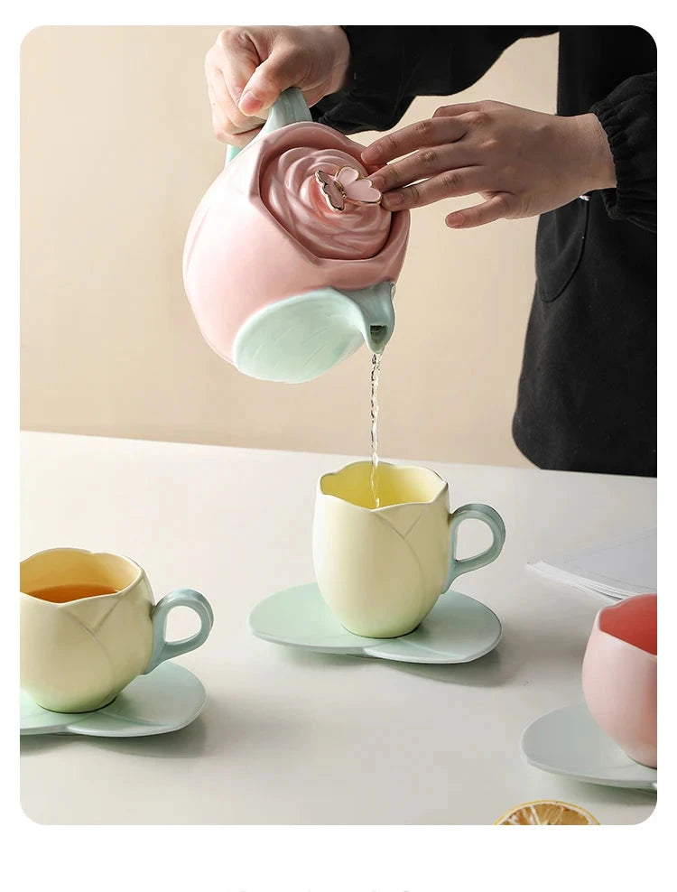 Tulip Luxury Ceramic Coffee Cup Saucer Set with Hand and Dish Milk Tea Cappuccino Tableware 280ml/320ml Birthday Couples Gifts Good Vibrations