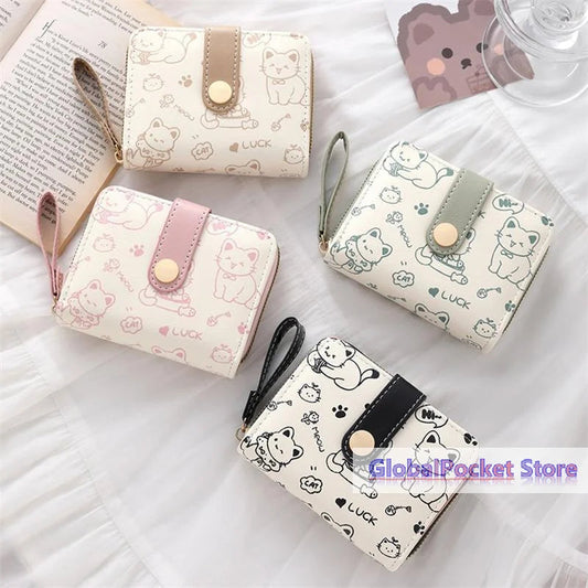 Cute Cat PU Leather Coin Purse Women Fashion Short Wallet Folding Zipper Wallet ID Card Holder Travel Lightweight Cash Coin Bags Good Vibrations