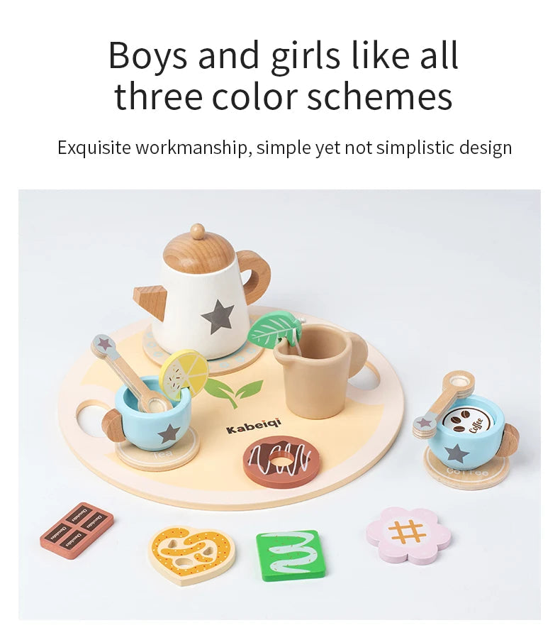 Wooden Kitchen Play Toys Kitchen Simulation Tea Set Afternoon Tea Activity Games Pretend Play Kitchen Accessories Toy for Kids Good Vibrations