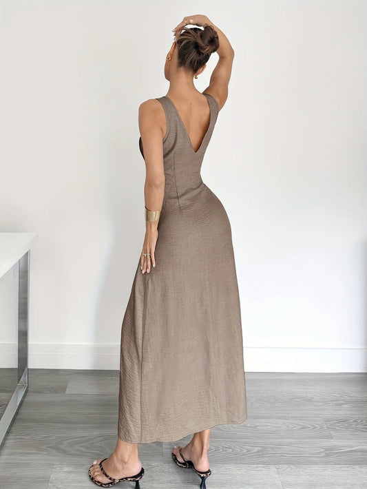 Elegant Women's Office Outfit: Sleeveless Waist-Cinched Long Dress for Sophisticated Money-Style Fashion Good Vibrations