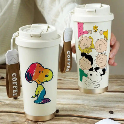 Cartoon Cute Snoopy Anime Peripheral Thermos Cup Women's Heart Stainless Steel Large Capacity Coffee Cup Straw Water Cup Gift Good Vibrations