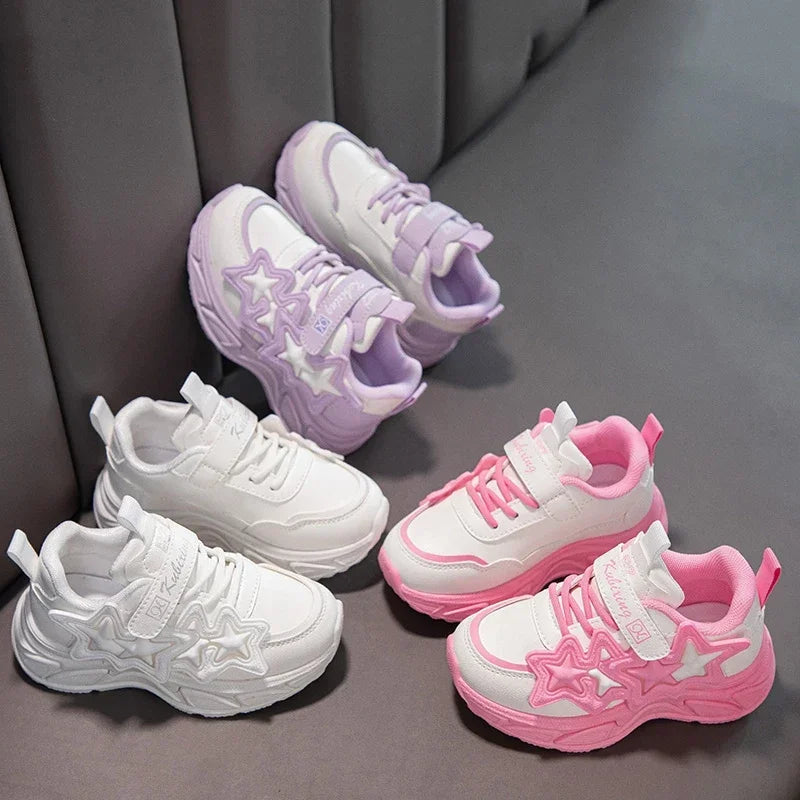 Children Casual Shoes for Girls Fashion Classic with Stars Girls Sports Running Sneakers Breathable PU + Rubber Anti-skid Soft Good Vibrations