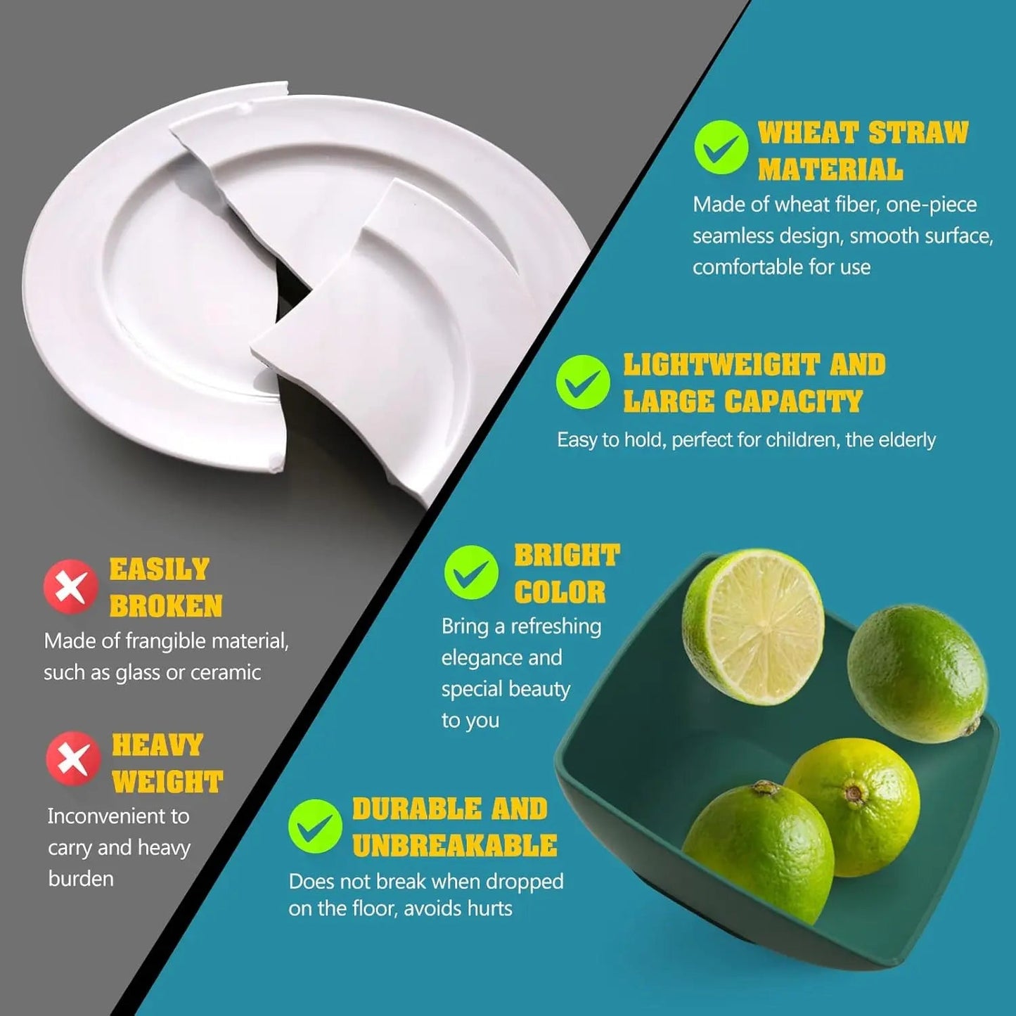 48-piece Kitchen Plastic Wheat Straw Square Dinnerware Set for 12, Unbreakable Dinner Plates, Salad Plates, Snack Bowls, Tumbler Good Vibrations