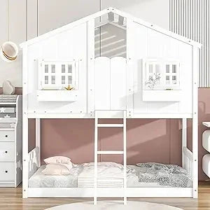 Floor House Bunk Bed with Roof and Window,Built-in Storage Box,Wooden Guardrails with Door/Ladder,Low Bunker Bed Twin Over Twin Good Vibrations