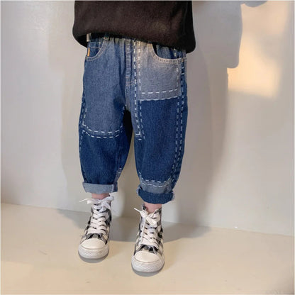 Boys Jeans Fashion Hole New Children Straight Cylinder Casual Jeans Spring Autumn Korean Style Elastic Waist Kids 3-8Ys Trousers Good Vibrations