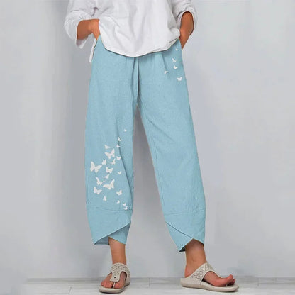 Vintage Print Pants Women Fashion Irregular Casual High Waist Elastic Waist Straight Loose Trousers Summer Lady Cargo Pantalon Good Vibrations