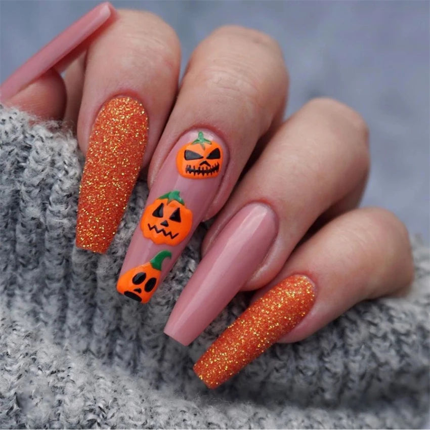24Pcs/Set Long Ballet Fake Nail Art Halloween Pumpkin Head Artificial Acrylic Wearable Square Head Fake Nails Press on Nail Tips Good Vibrations