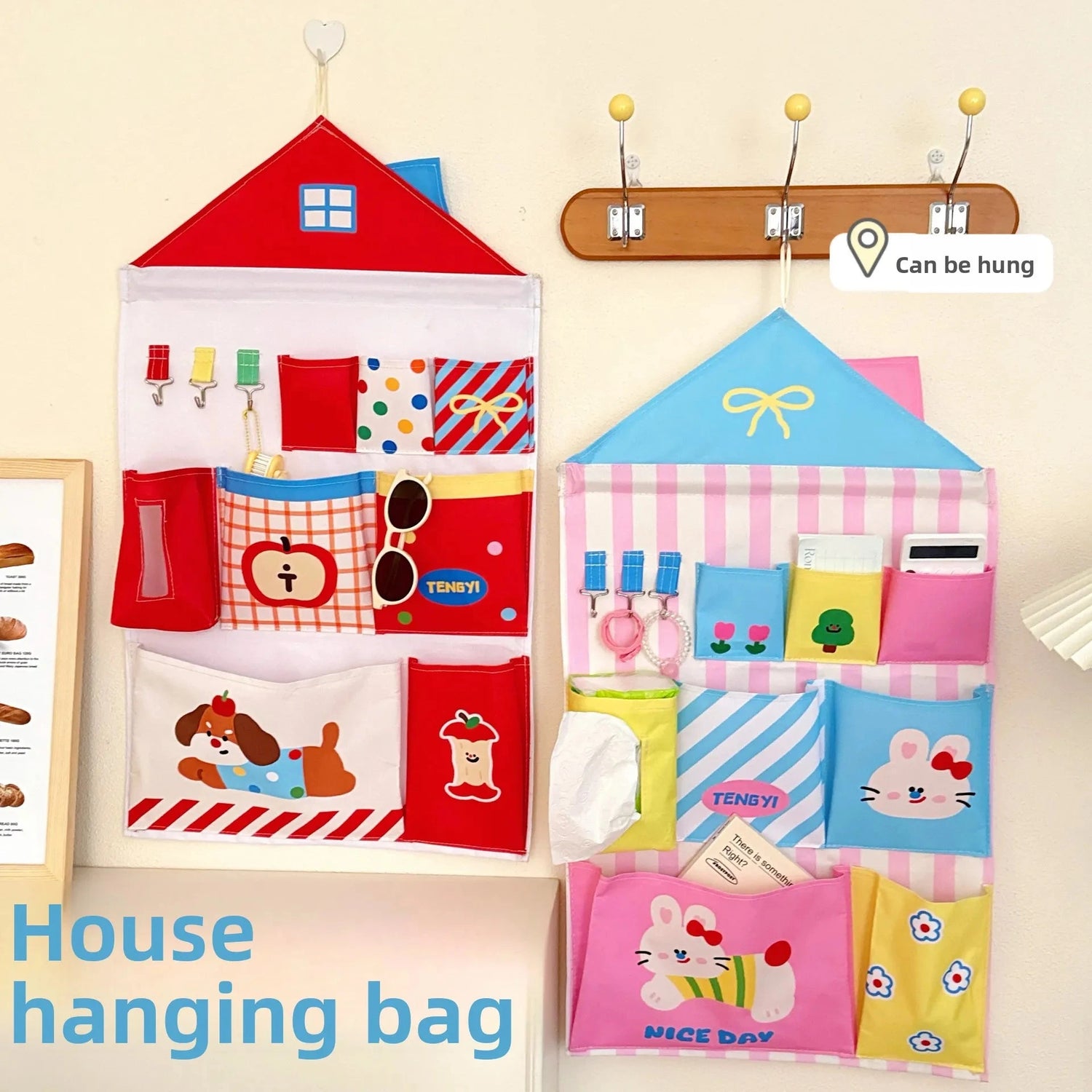 Cute Wall Storage Bags Hanging Pockets Cute Wall Mounted Storage Bag Organizer Kawaii Cartoon Sundries Office Container Pouchs Good Vibrations