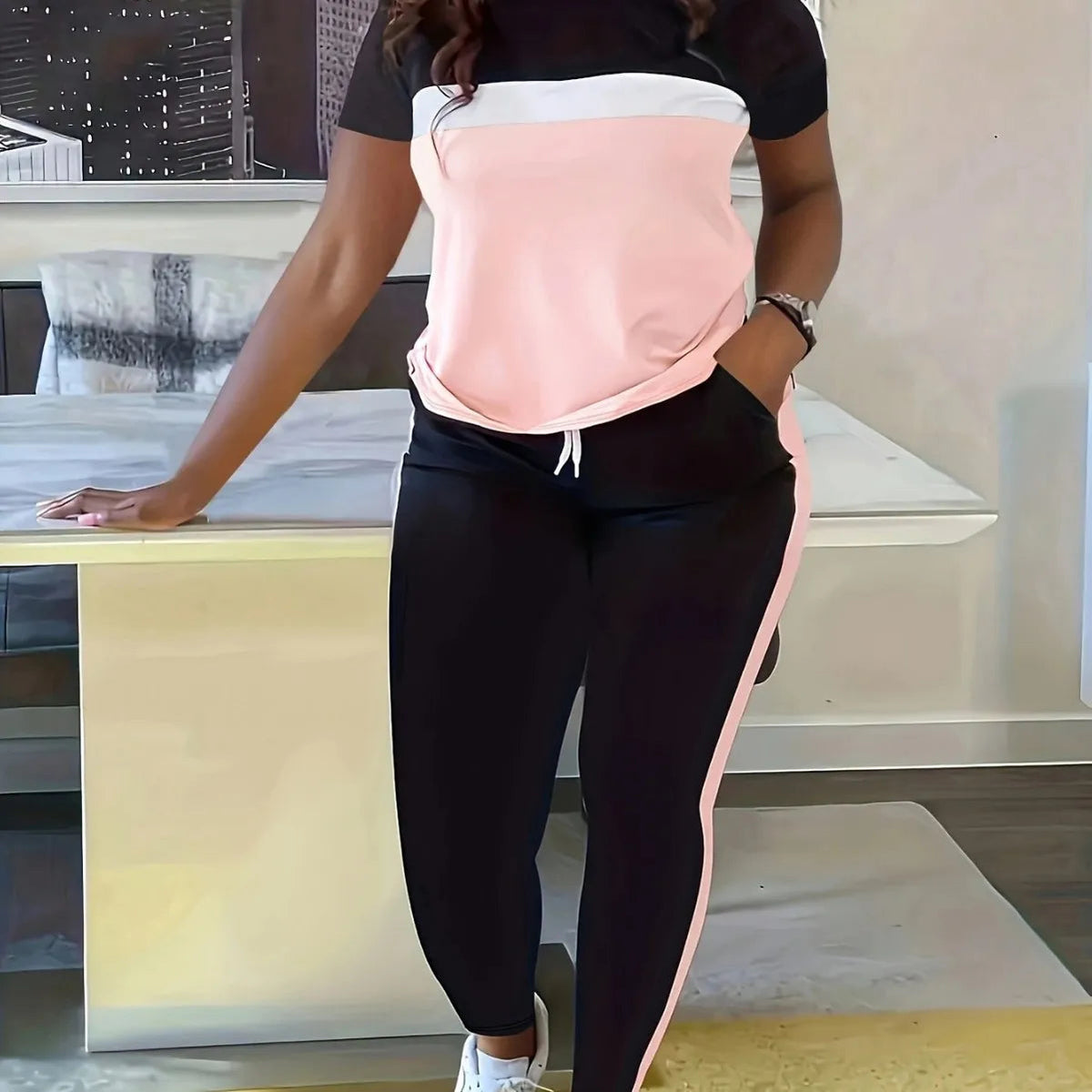 Pant Set Women Two Piece Sets Matching Sets Short Sleeve Loose Casual Tops Long Pants Lace Up Elastic Waist Jogger Summer Good Vibrations