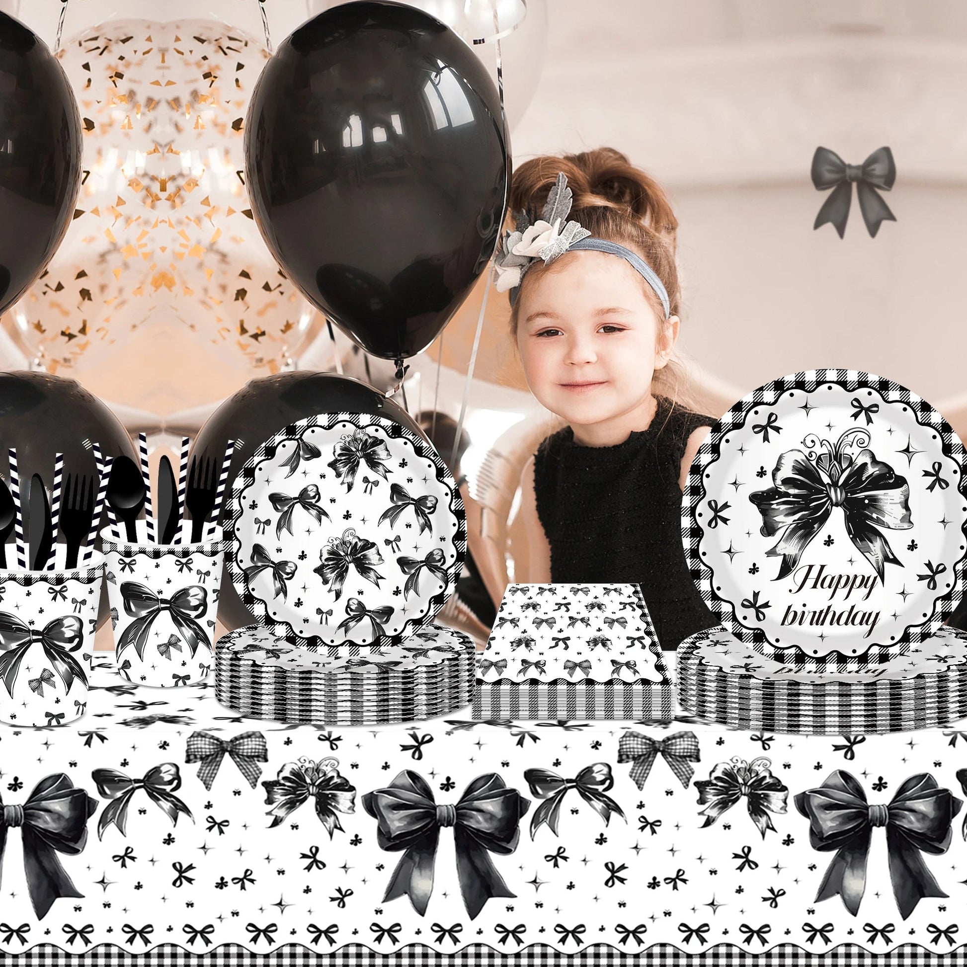 Black Bow Tie Party Disposable Tableware Sets Plates Cups Napkins Tablecloth For Wedding Birthday Party Dinnerware Decoration Good Vibrations