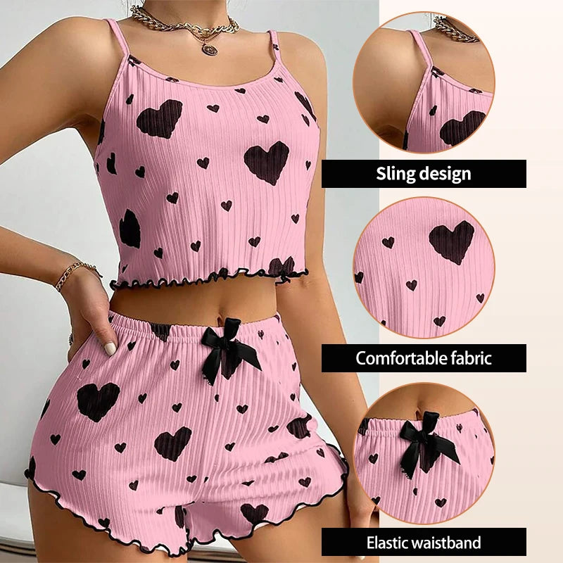 Women's Pajamas Set Sleepwear 2 PCS Short Tank Tops And Shorts S M L White Ventilate Soft Casual Love Printing Good Vibrations