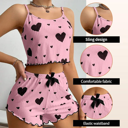 Women's Pajamas Set Sleepwear 2 PCS Short Tank Tops And Shorts S M L White Ventilate Soft Casual Love Printing Good Vibrations