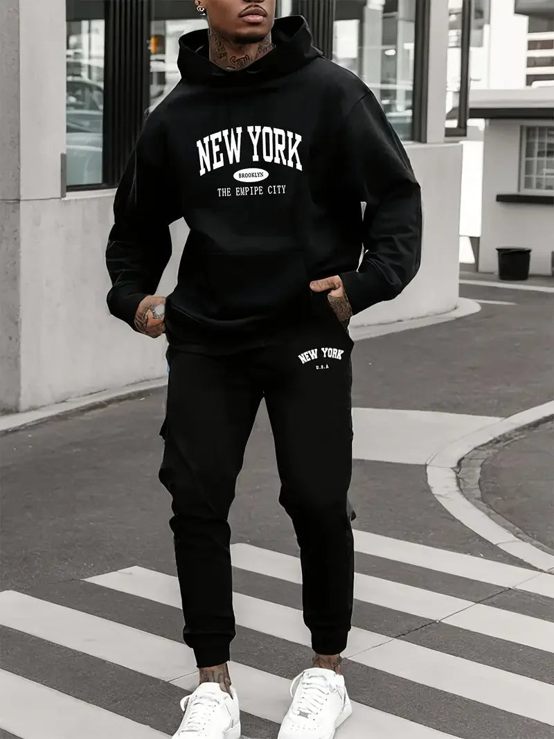 Men's Velvet Thickened Sports Set New York Letter Printed Spring and Autumn Hoodie Set Long Sleeve Casual Comfortable Pocket Hoo Good Vibrations