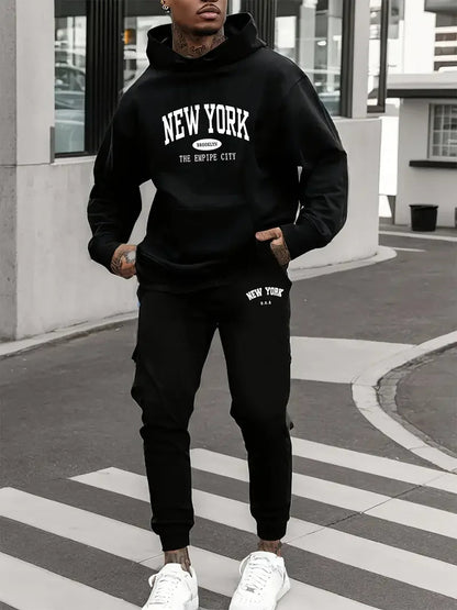 Men's Velvet Thickened Sports Set New York Letter Printed Spring and Autumn Hoodie Set Long Sleeve Casual Comfortable Pocket Hoo Good Vibrations