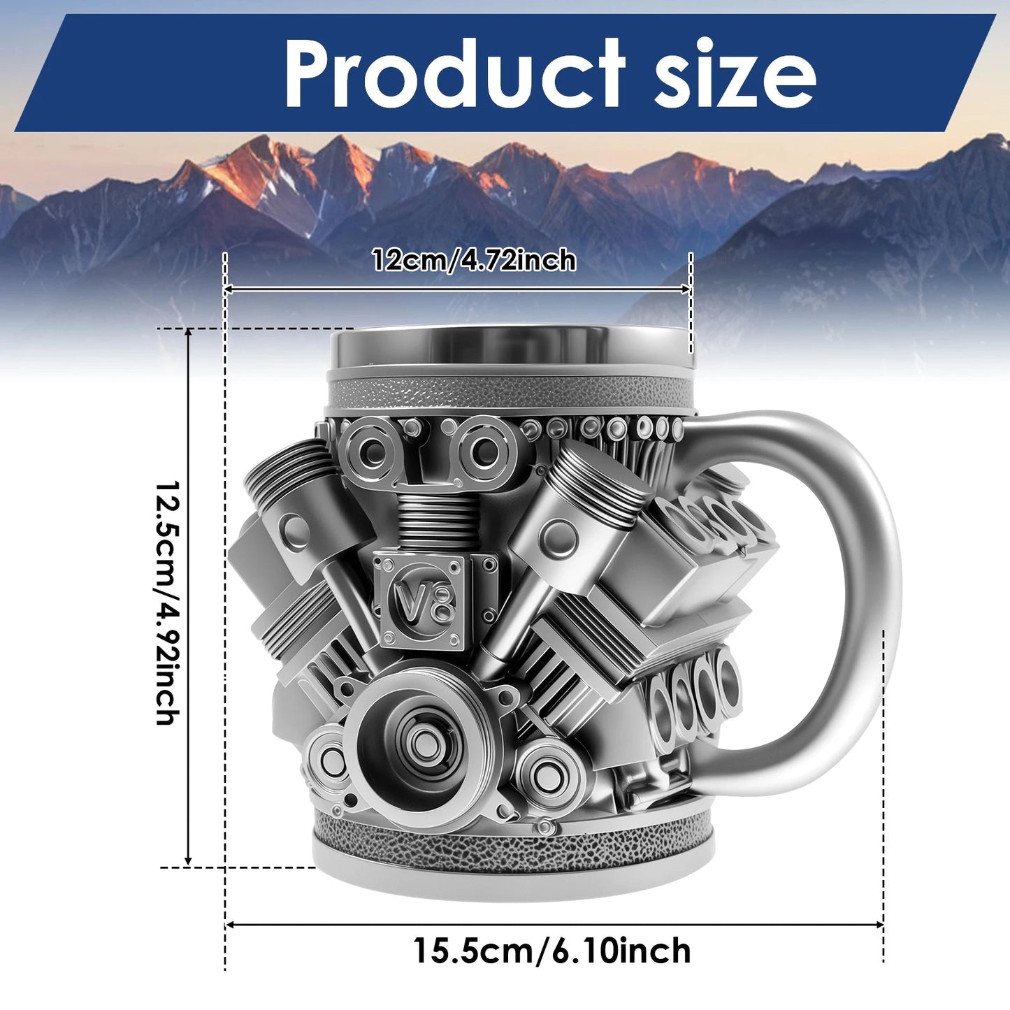 Engine Coffee Mug 350ml Creative Car V8 Engine Coffee Cup with Handle Novelty Stainless Steel Beverage Mugs for Car Lovers Gifts Good Vibrations