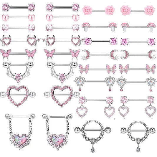 Pink Devil Nipple Piercing Jewelry Set Heart Crystal Nipple Rings Bulk Shiny Butterfly Nipple Barbell Dangle Lot Piercing Pezon
