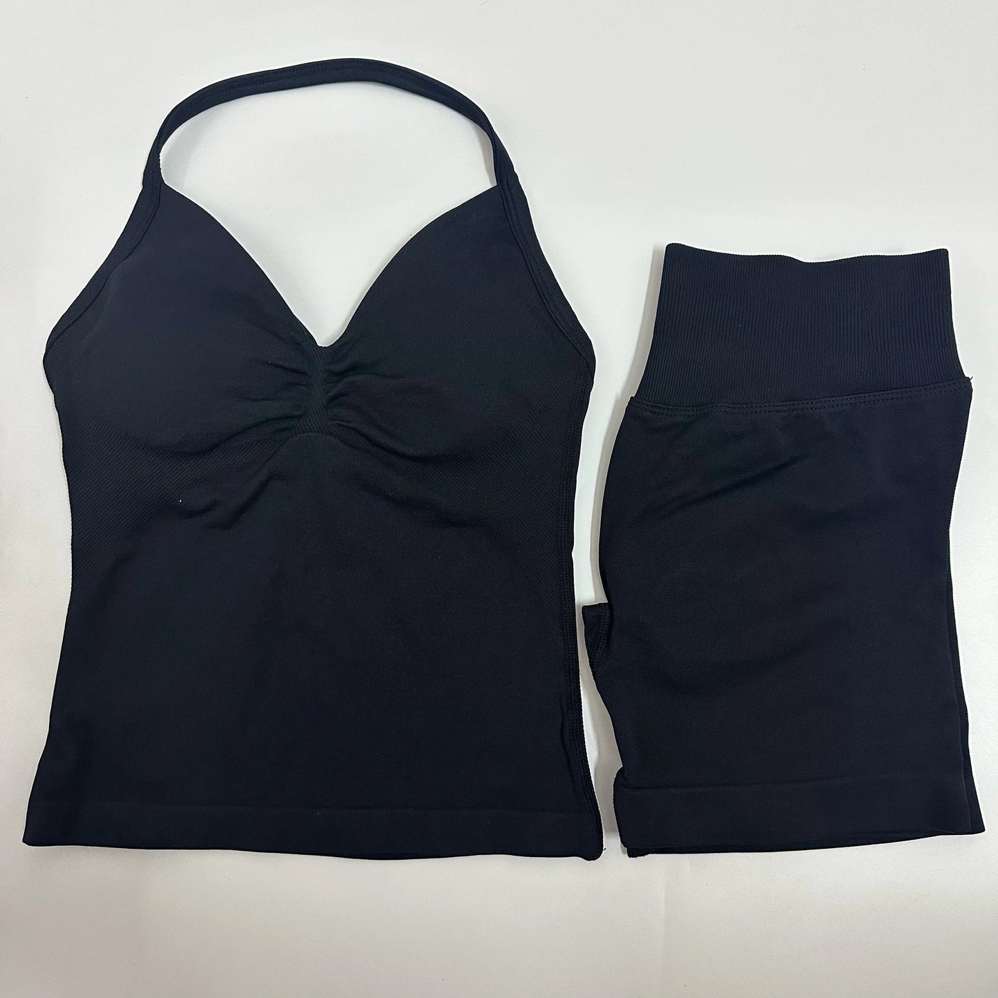 2 Pieces Women Yoga Set Seamless Impact Longline Strappy Tank Top Scrunch Sports Shorts Gym Clothes Woman Summer Workout Outfit Good Vibrations