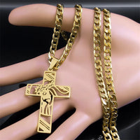 Hip Hop Punk Crown of Thorns Jesus Cross Necklace for Men Stainless Steel Gold Plated Crucifix Pendant Necklaces Jewelry N8052 Good Vibrations