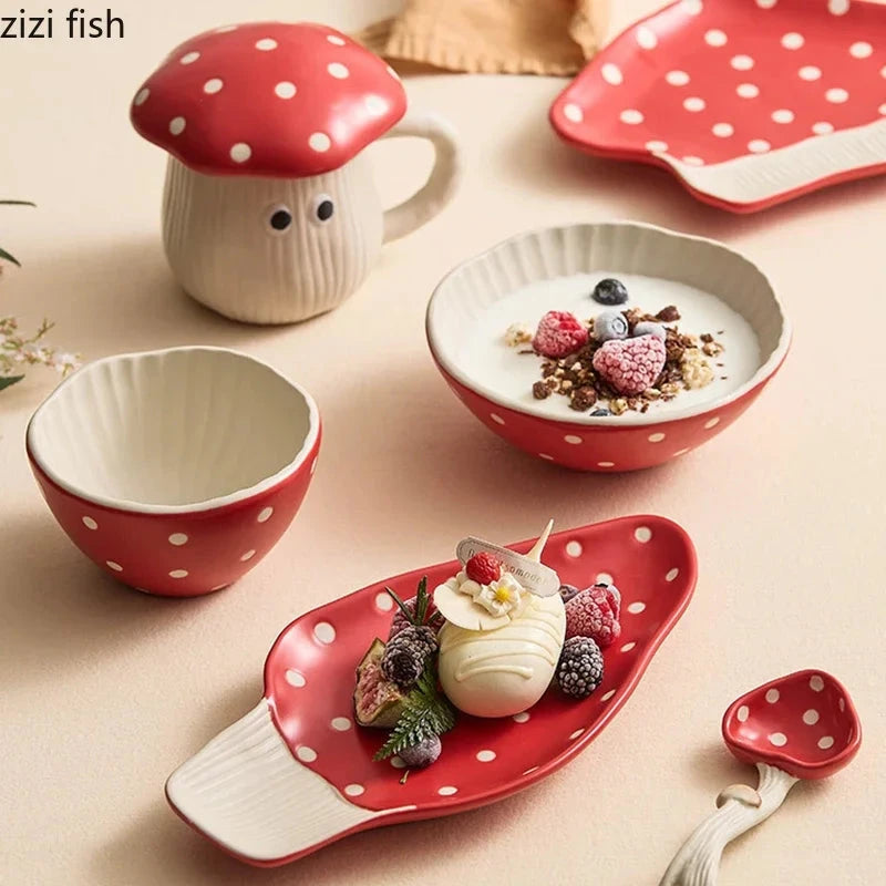 Mushroom Ceramic Tableware Mushroom Rice Bowl Noodles Bowl Soup Pot Flat Plate Sushi Plate Mushroom Mug Spoon Kitchen Tableware Good Vibrations