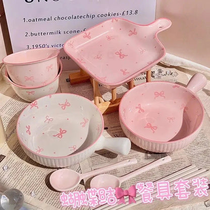 Pink Bow Ceramic Cutlery Set, Dessert Home Tableware Ceramic Handle Bowl Yogurt Cup High Value Breakfast Plate Drinkware Good Vibrations
