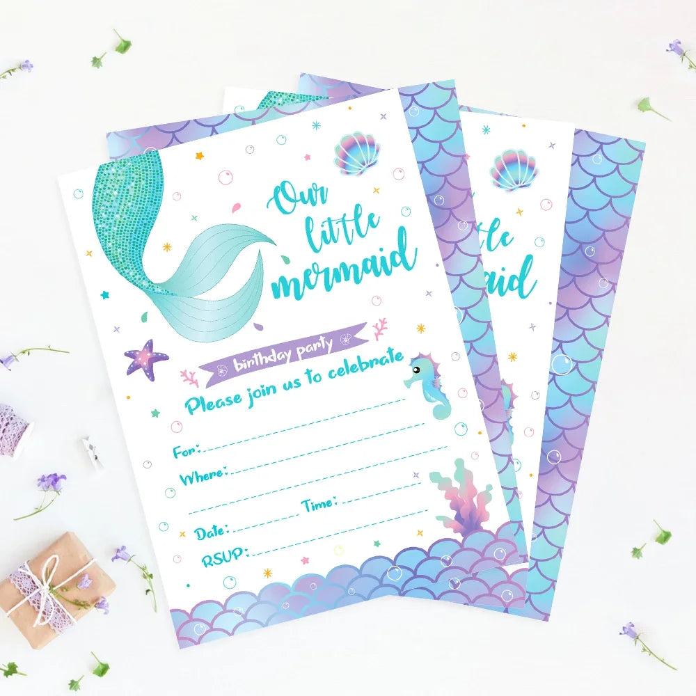 12pcCartoon Mermaid Shell Invitation Letter Girls Wedding Birthday Party Single Page Greeting Cards Baby Shower Party Decoration Good Vibrations